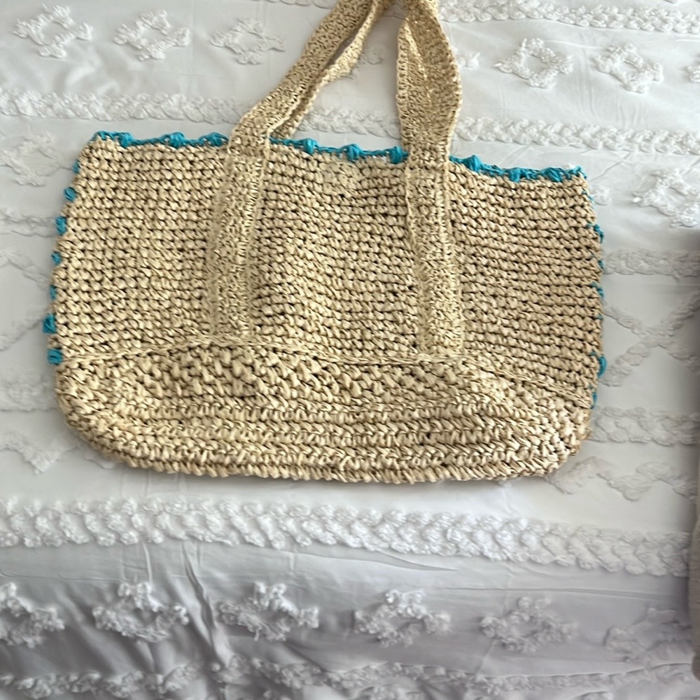 BTB Los Angeles Woven Beige Tote with Blue Accents